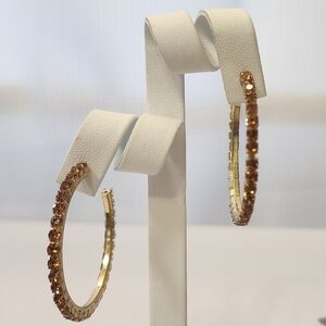 Gold Tone Rhinestone Hoop Earrings Amber Crystal Open Hoops Pierced Elegant